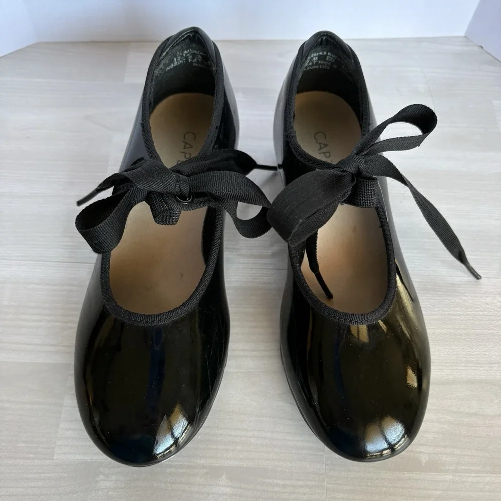 Capezio TeleTone Tap Shoes‎ Black Patent Lace Up Size Youth 13.5 M EUC
